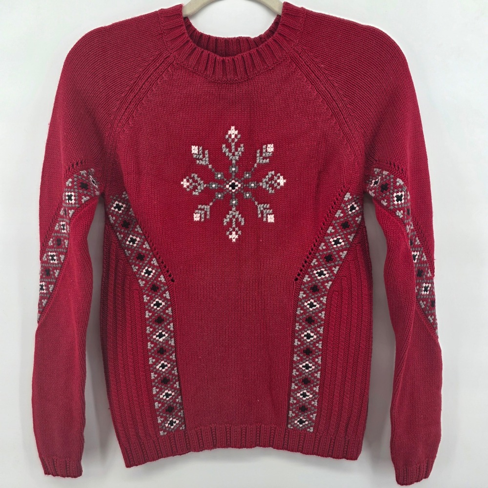ORVIS Womens Red Snowflake Fair‎ Isle Knit Sweater XS Cotton Wool Blend